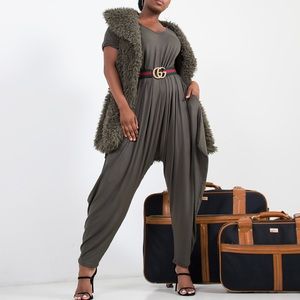 Olive Knit Harem Pant Jumpsuit with Pockets